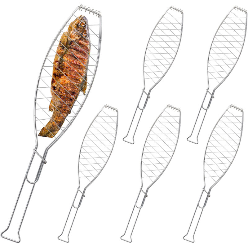 foto del prodotto set 6 cestelli per barbecue, graticola pesce grigliato, girarrosto griglia in acciaio inox l 54 cm, argentato relaxdays