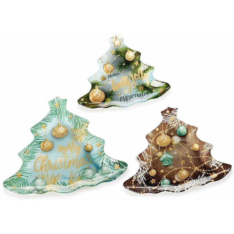 foto del prodotto set 6 piatti natalizi a forma di albero di natale in vetro decorato idea regalo natale