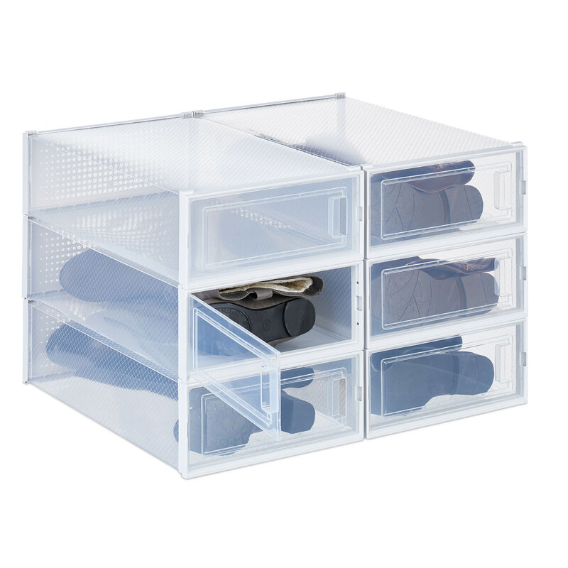 foto del prodotto set 6 scatole per scarpe e stivali fino n. 44,5, box organizer impilabili e pieghevoli, plastica, trasparente relaxdays
