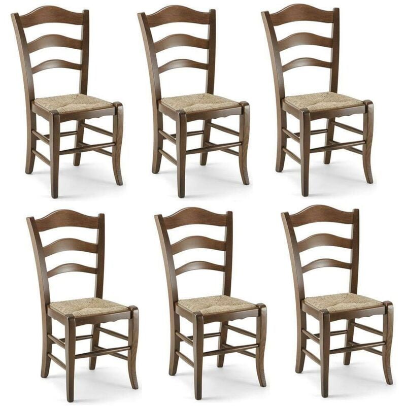 foto del prodotto set 6 sedie montanara in legno massello noce scuro seduta in paglia casa hotel