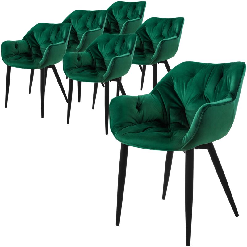 foto del prodotto set 6 sedie per sala da pranzo in velluto verde scuro poltroncine da salotto imbottite con braccioli gambe in metallo poltrone per soggiorno con