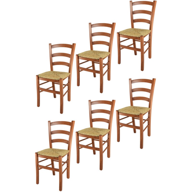 foto del prodotto set 6 sedie venice tommychairs, robusta struttura in legno di faggio verniciata in noce chiaro e seduta in paglia