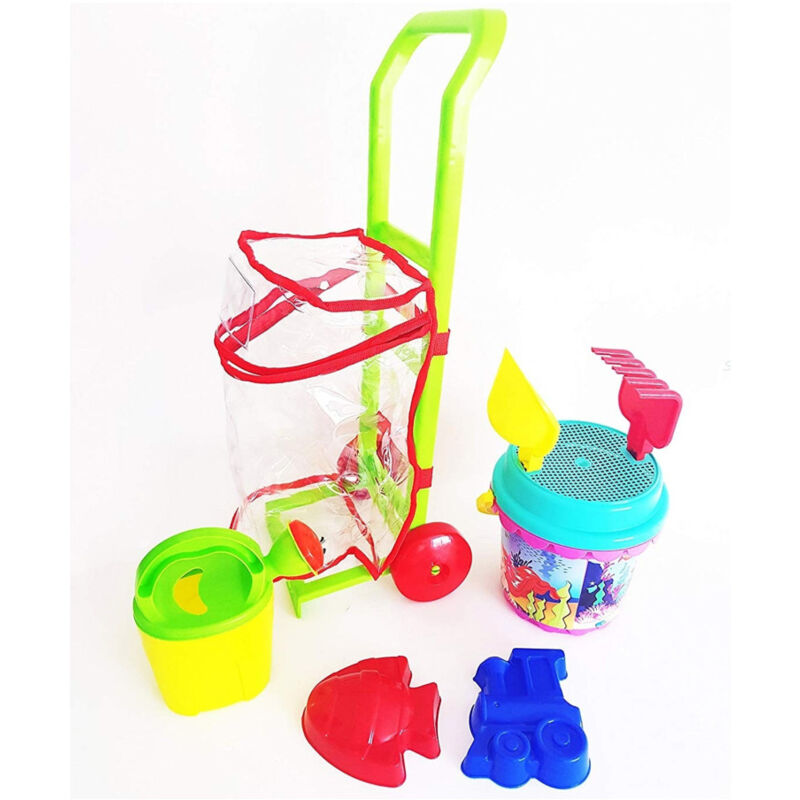 foto del prodotto set 8pz carrello con secchiello paletta rastrello formine sabbia gioco spiaggia mare bambini trade shop traesio