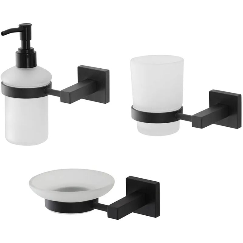 foto del prodotto set accessori a muro 3 pezzi in vetro e acciaio nero opaco e viti incluse levante