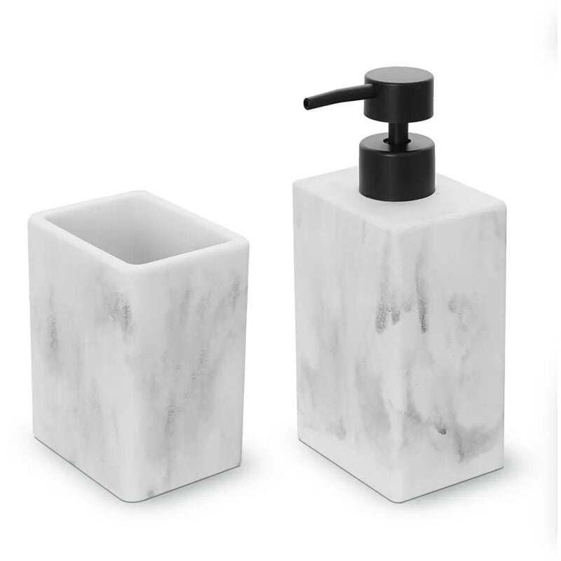 foto del prodotto set accessori bagno 2 pezzi in poliresina marmorizzata bianca marmo