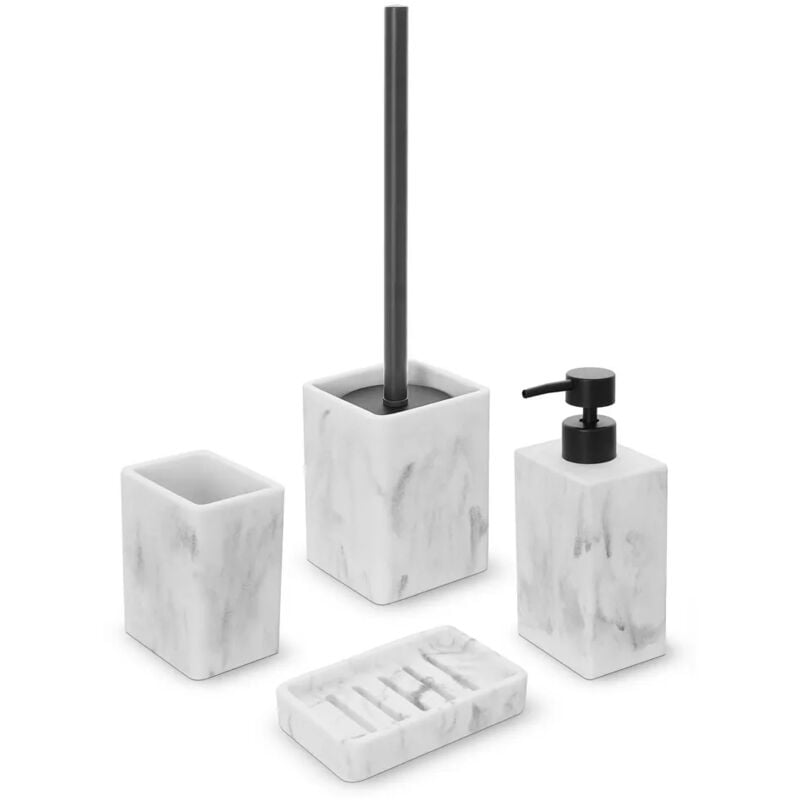 foto del prodotto set accessori bagno 4 pezzi in poliresina marmorizzata bianca marmo