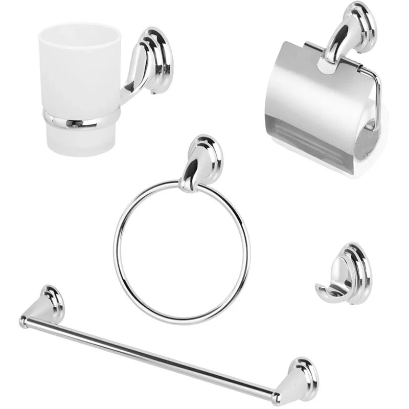 foto del prodotto set accessori bagno a muro 5 pezzi in vetro satinato con supporti cromati facile