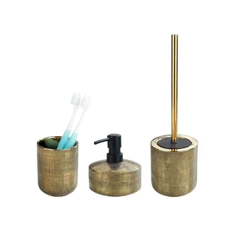 foto del prodotto set accessori bagno, bicchiere porta spazzolino, dispenser sapone liquido, spazzola wc, ceramica, rivara, effetto oro wenko