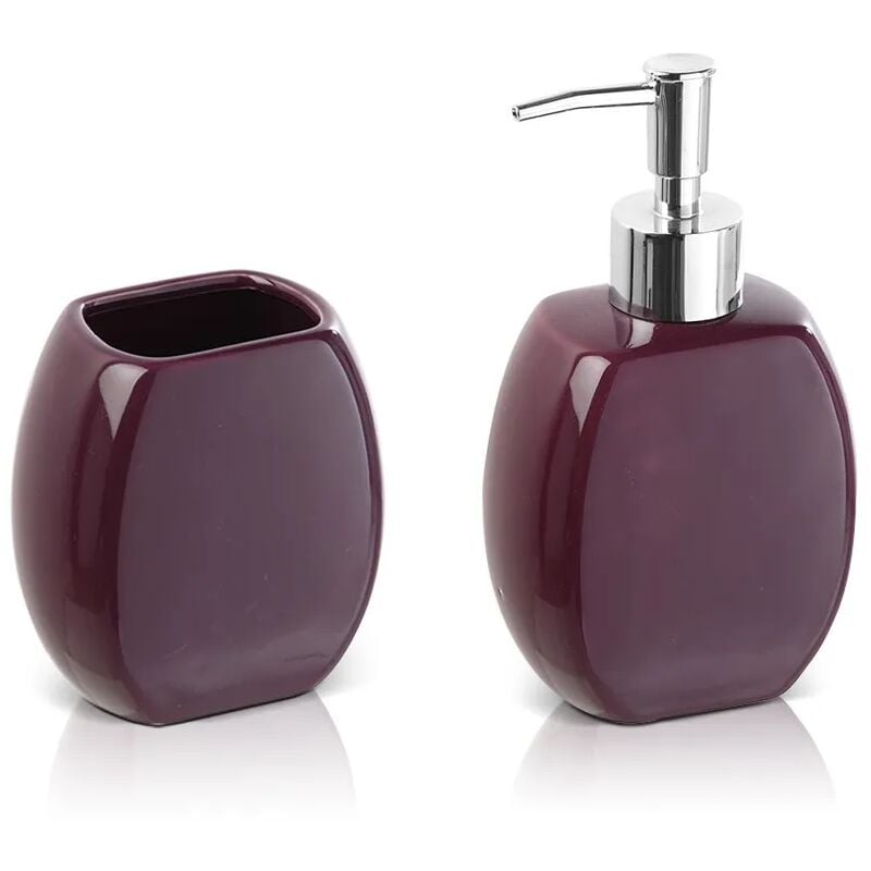 foto del prodotto set accessori bagno da appoggio dispenser e porta spazzolini in ceramica viola