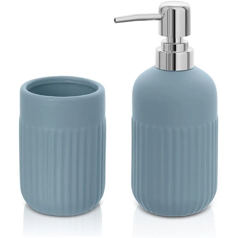 foto del prodotto set accessori bagno dispenser e portaspazzolini appoggio turchese cobalto in ceramica cup