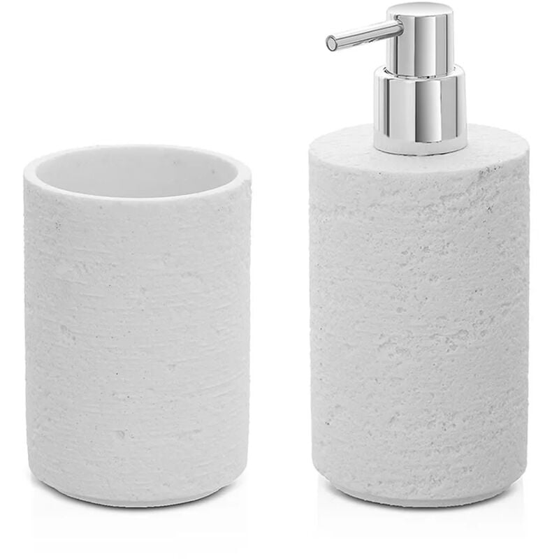 foto del prodotto set accessori bagno dispenser e portaspazzolini bianco in resina effetto pietra matera