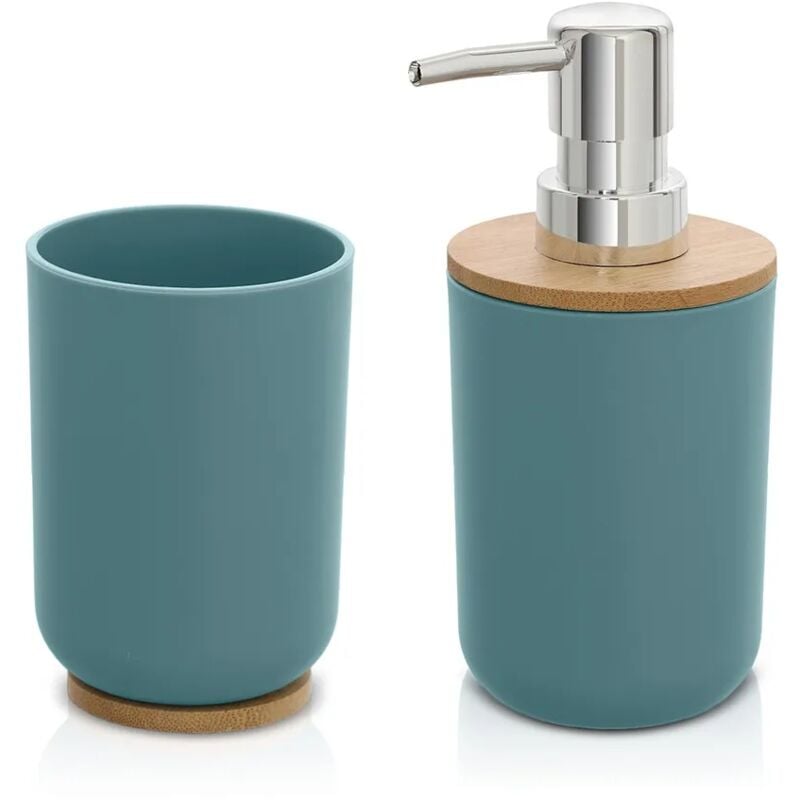 foto del prodotto set accessori bagno dispenser e portaspazzolini da appoggio acquamarina abs e bamb surf