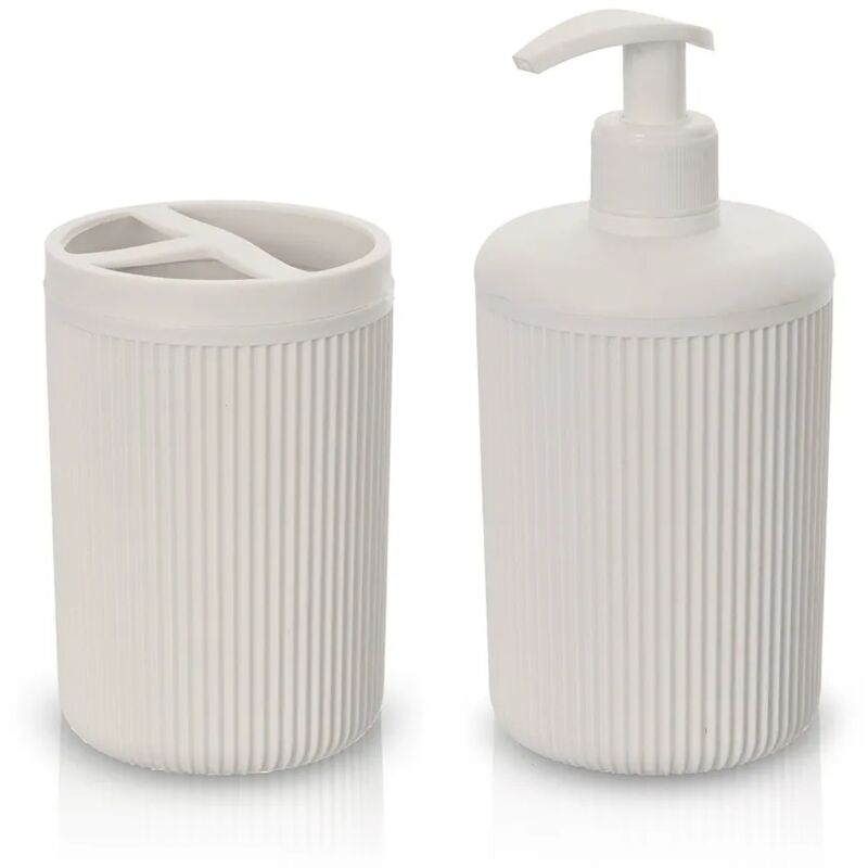 foto del prodotto set accessori bagno dispenser e portaspazzolini da appoggio beige in plastica ring
