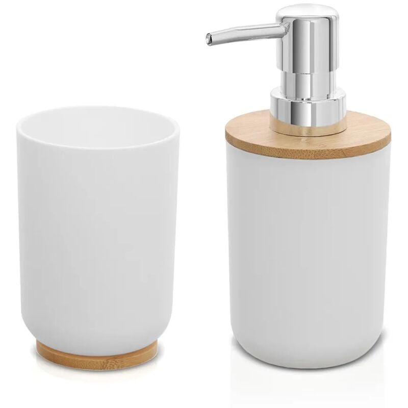 foto del prodotto set accessori bagno dispenser e portaspazzolini da appoggio bianco abs e bamb surf