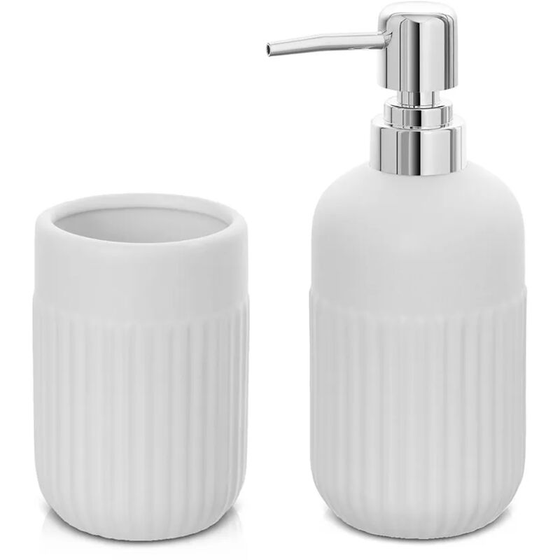 foto del prodotto set accessori bagno dispenser e portaspazzolini da appoggio bianco in ceramica cup