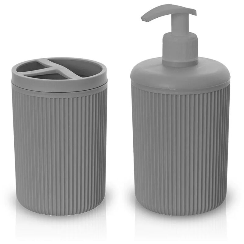 foto del prodotto set accessori bagno dispenser e portaspazzolini da appoggio grigio in plastica ring