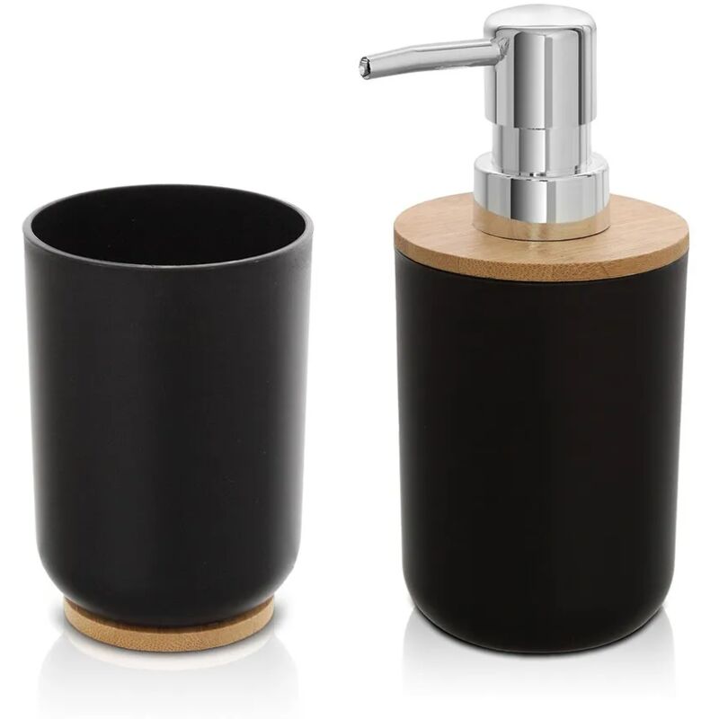 foto del prodotto set accessori bagno dispenser e portaspazzolini da appoggio nero abs e bamb surf