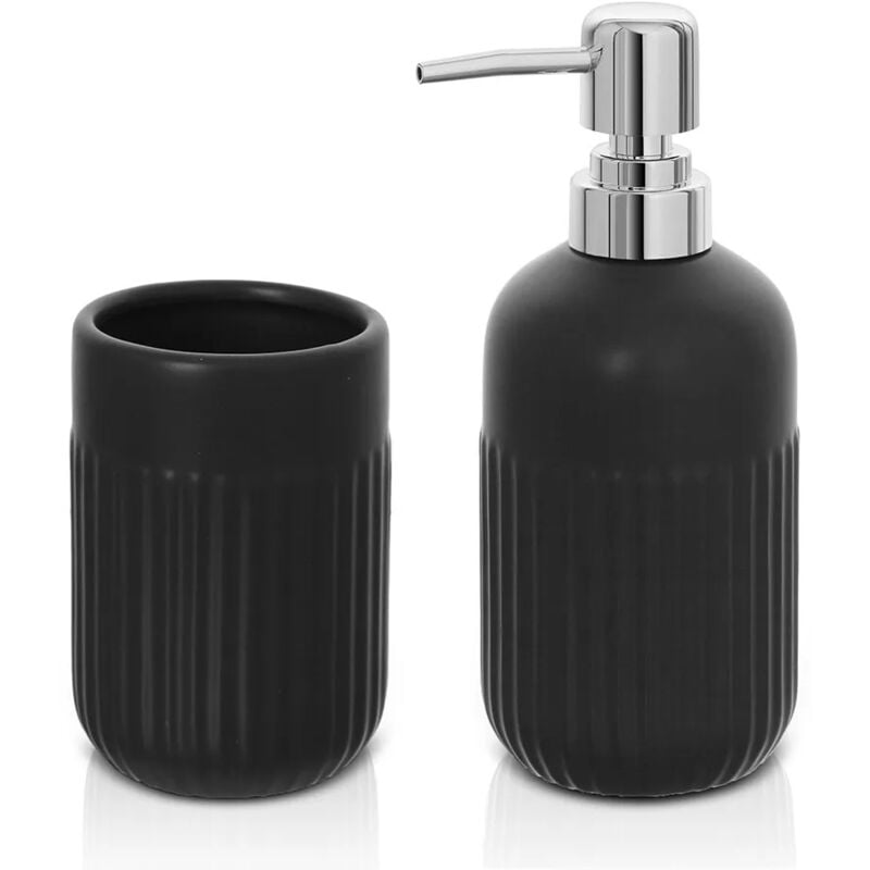 foto del prodotto set accessori bagno dispenser e portaspazzolini da appoggio nero in ceramica cup