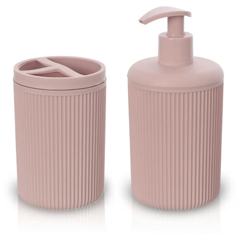 foto del prodotto set accessori bagno dispenser e portaspazzolini da appoggio rosa in plastica ring