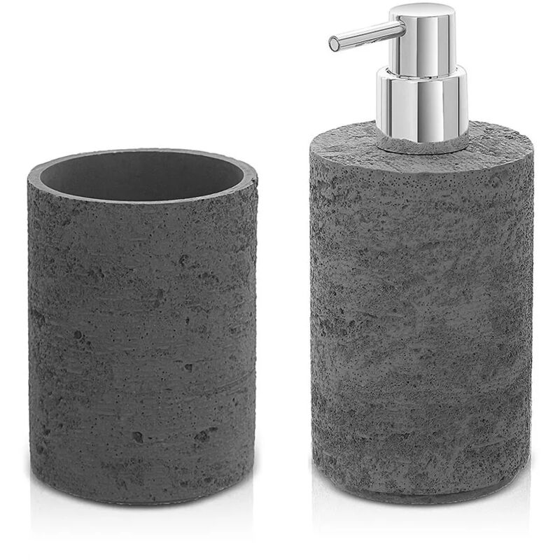 foto del prodotto set accessori bagno dispenser e portaspazzolini grigio in resina effetto pietra matera