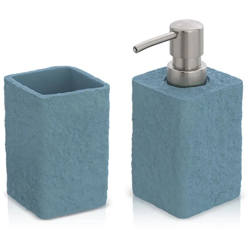 foto del prodotto set accessori bagno dispenser e portaspazzolini in resina turchese cobalto effetto pietra