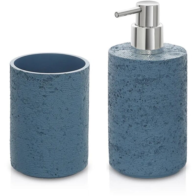 foto del prodotto set accessori bagno dispenser e portaspazzolini turchese cobalto resina effetto pietra matera