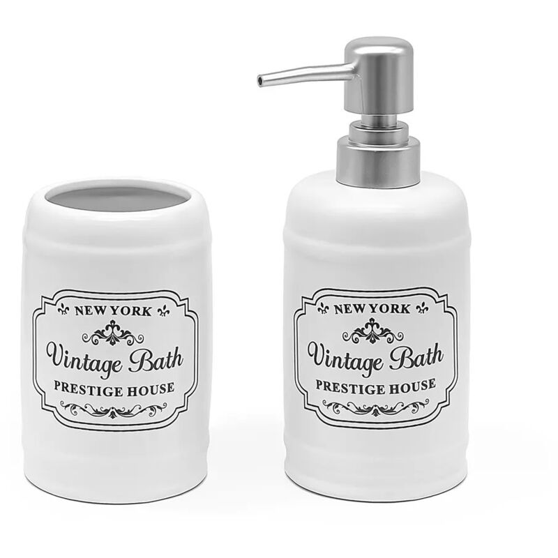 foto del prodotto set accessori bagno dispenser sapone e portaspazzolini in ceramica bianca vintage