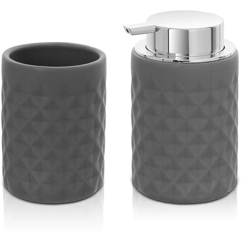 foto del prodotto set accessori bagno grigio da appoggio dispenser e portaspazzolini in ceramica cristal
