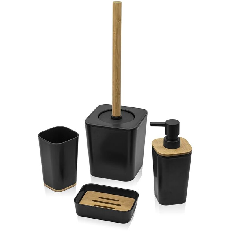 foto del prodotto set accessori bagno moderno in finitura nera opaca con dettagli in bamb 