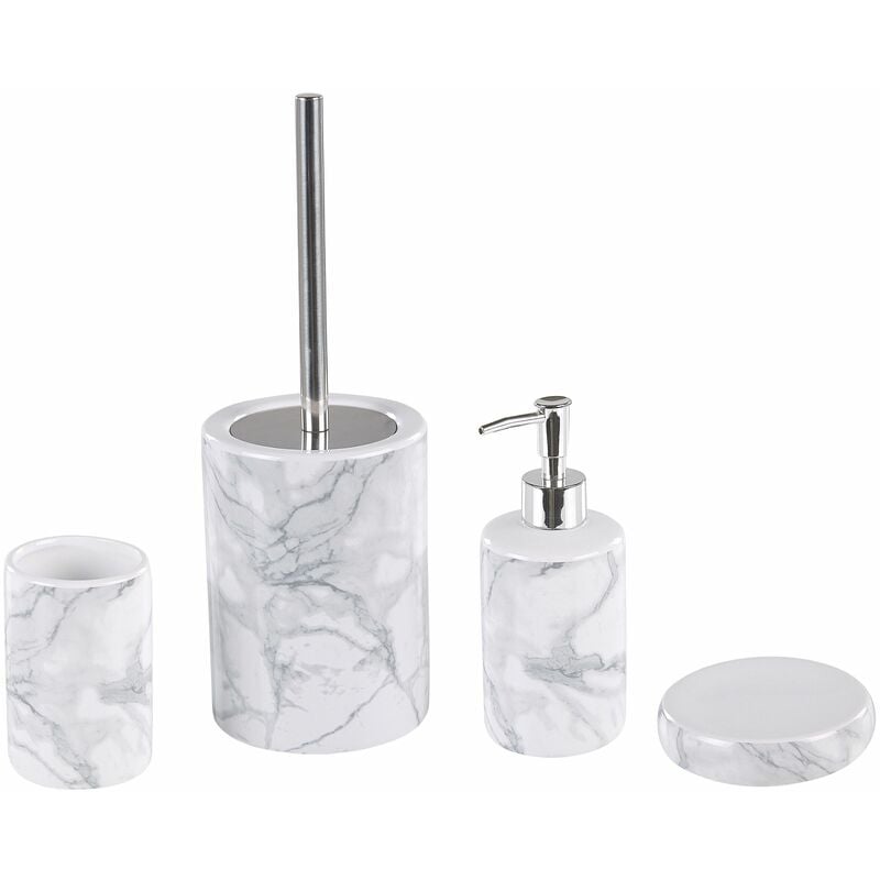 foto del prodotto set accessori bagno porta sapone in ceramica marmo bianco porta scopino arauco