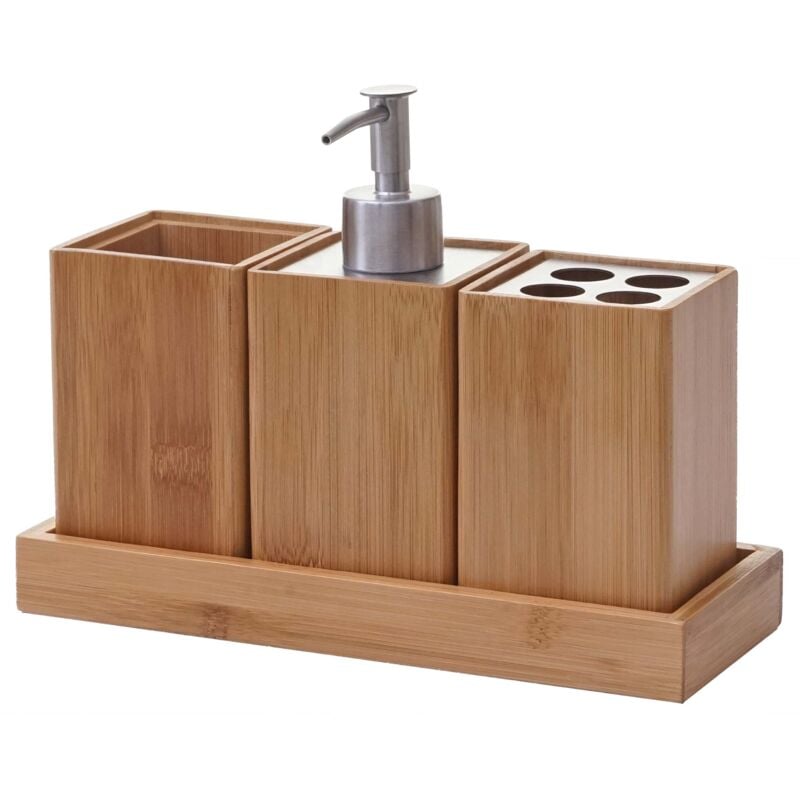 foto del prodotto set accessori da bagno hhg 733 4 pezzi legno bambu e metallo
