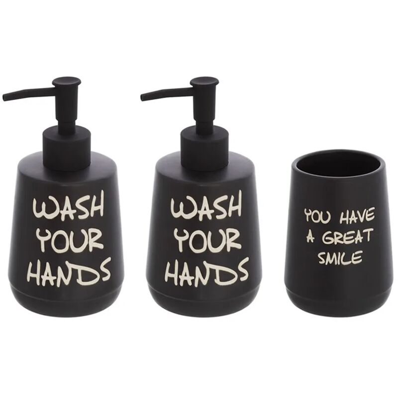 foto del prodotto set accessori linea wash con 2 dispenser portaspazzolini nero con scritte