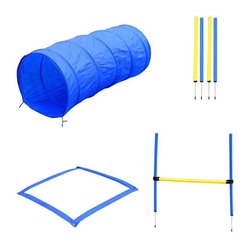foto del prodotto set agility dog per addestramento cani con slalom. tunnel e ostacolo