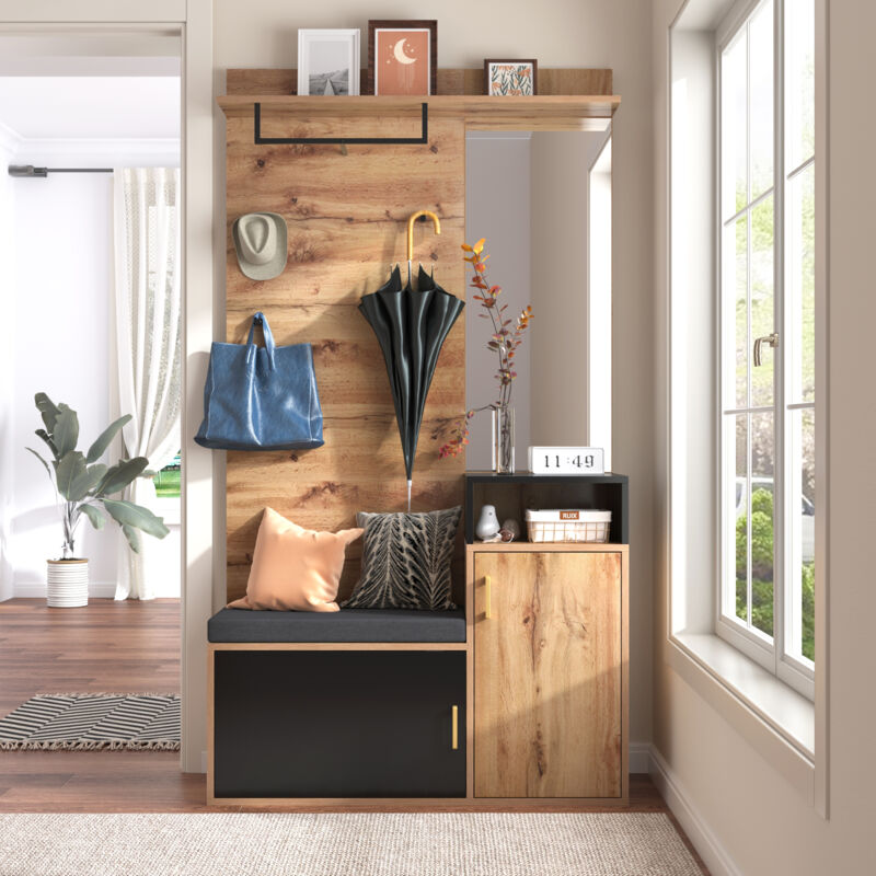 foto del prodotto set armadio, con 4 ganci appendiabiti, specchio, scarpiera, appendiabiti a muro, vano portaoggetti superiore, panca appendiabiti da ingresso. okwish