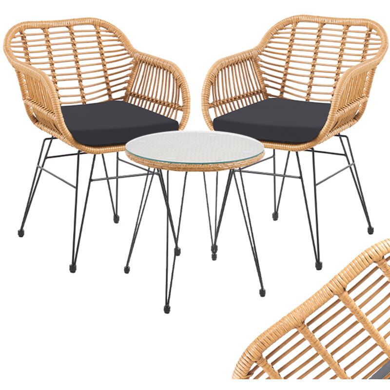 foto del prodotto set arredo giardino in rattan con tavolino ripiano in vetro e 2 sedie da esterno