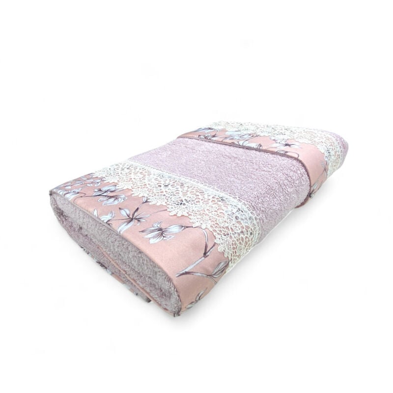foto del prodotto set asciugamani 1 1 pizzo macram glicine rosa, puro cotone, made in italy, idea regalo, confezione elegante