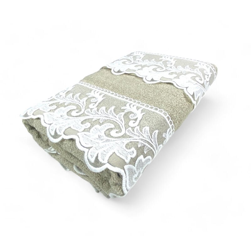 foto del prodotto set asciugamani 1 1 pizzo macram toscana sabbia, puro cotone, made in italy, idea regalo, confezione elegante