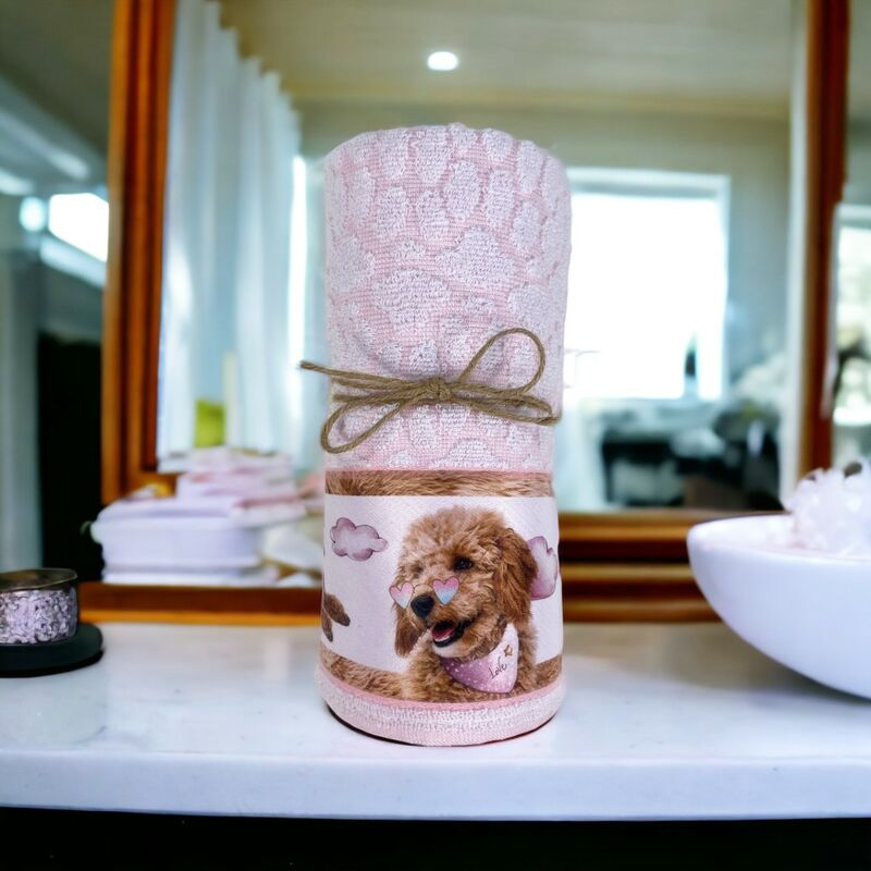 foto del prodotto set asciugamani cani spiritosi in puro cotone made in italy rosa