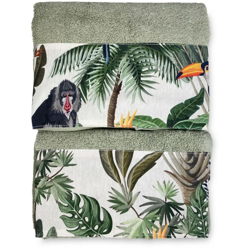 foto del prodotto set asciugamani con bordo giungla in puro cotone made in italy