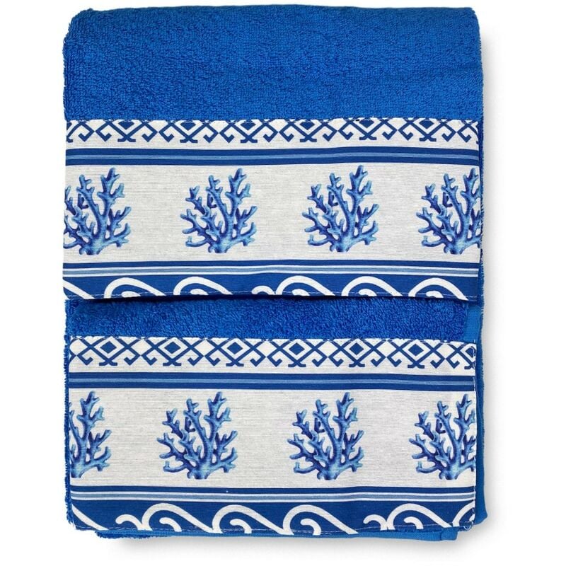 foto del prodotto set asciugamani con bordo grecia mare marino blu in puro cotone made in italy