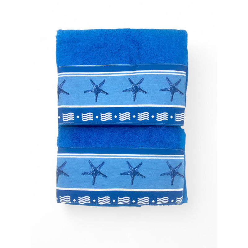 foto del prodotto set asciugamani con bordo stelle marine blu in puro cotone made in italy