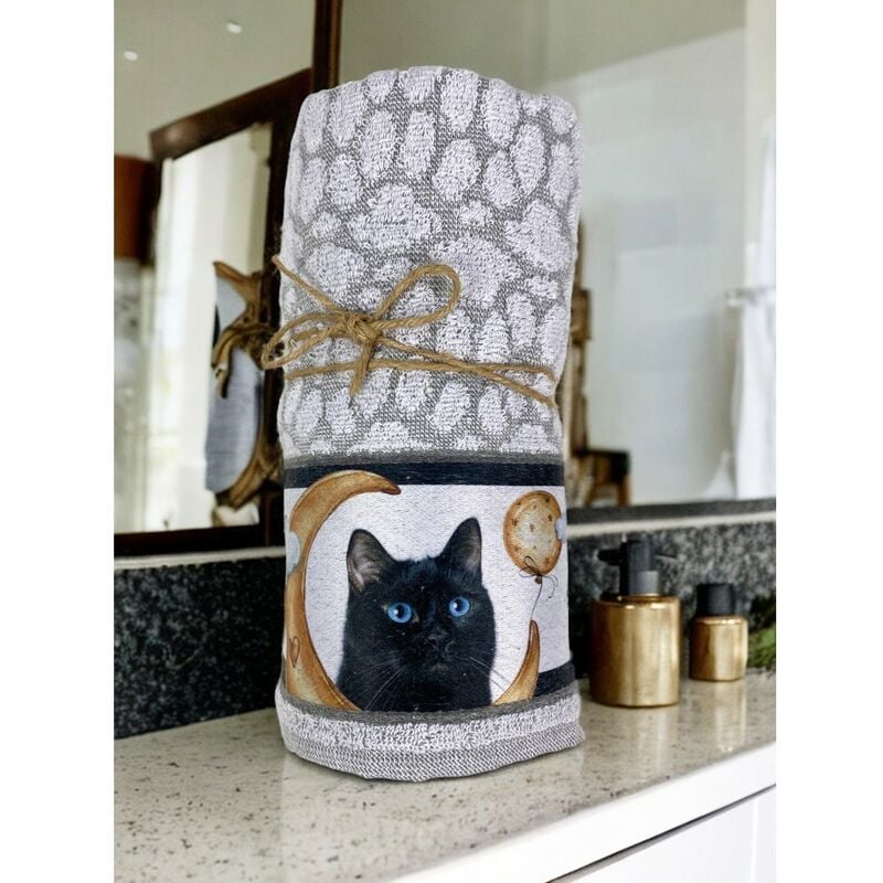 foto del prodotto set asciugamani gatti spiritosi in puro cotone made in italy grigio