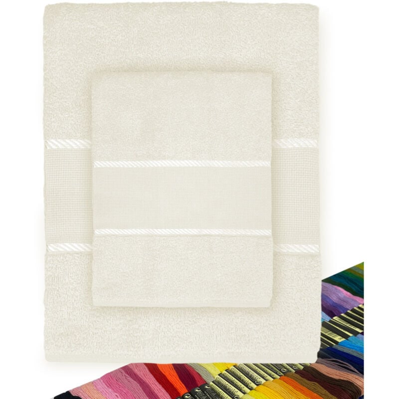 foto del prodotto set asciugamani spugna tela aida da ricamare punto croce 1 1 viso e ospite con filato in omaggio beige