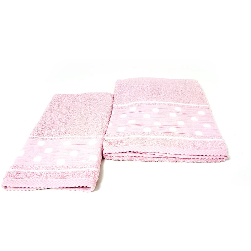 foto del prodotto set asciugamano copiola salvietta bagno in spugna 100 cotone mod pois rosa