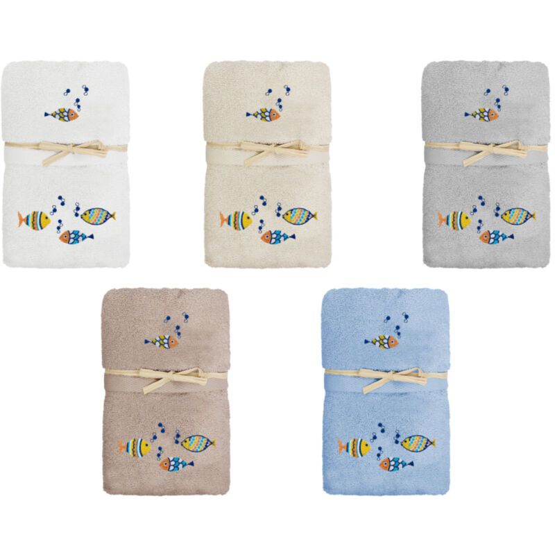 foto del prodotto set asciugamano copiola salvietta bagno spugna 100 cotone pesciolini colorati, misuracopiolacolorepanna