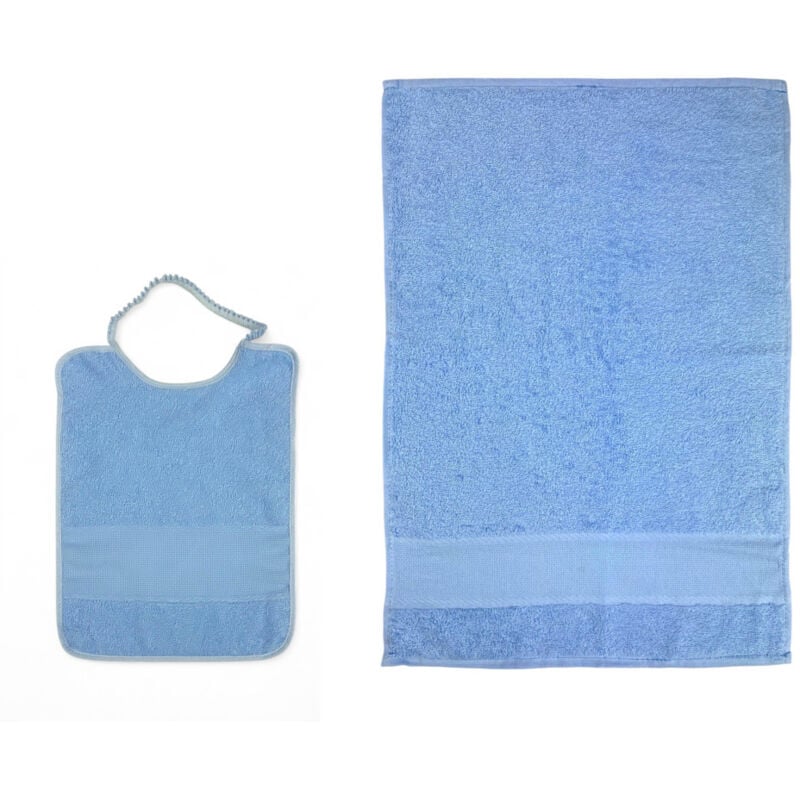 foto del prodotto set asilo nuvola 2 pezzi in spugna di cotone con tela aida ricamabile bavaglino asciugamano made in italy azzurro