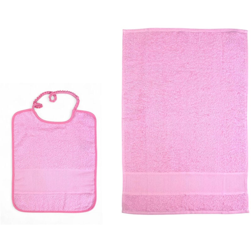 foto del prodotto set asilo nuvola 2 pezzi in spugna di cotone con tela aida ricamabile bavaglino asciugamano made in italy rosa