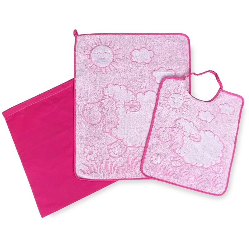 foto del prodotto set asilo tris sacco e asciugamano e bavaglino wooly scuola materna rosa