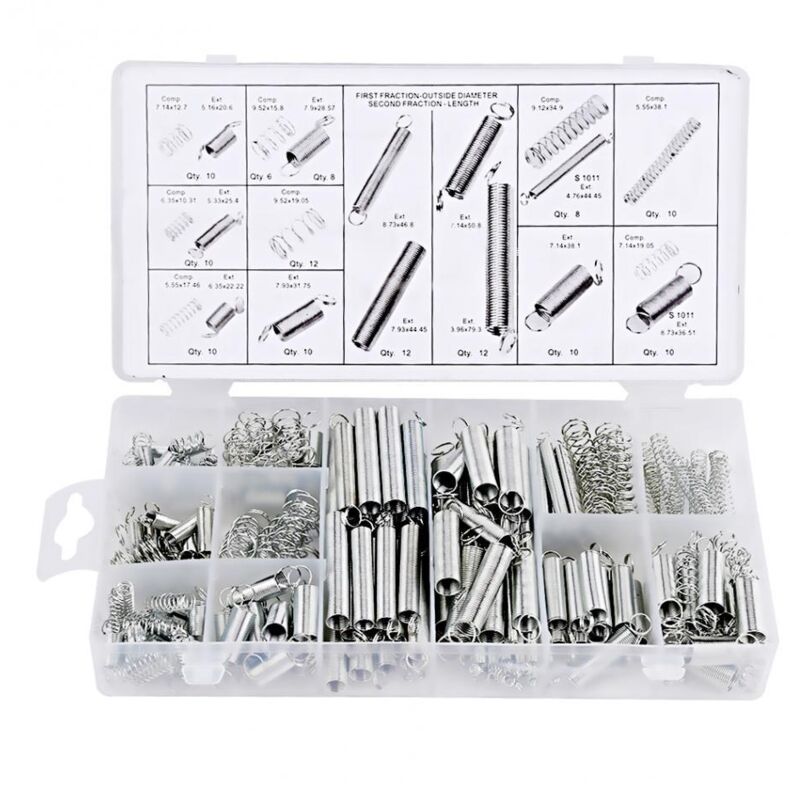 foto del prodotto set assortimento molle, assortimento molle compressione tensione estensione in acciaio zincato da 200 pezzi, kit molle metalliche in acciaio zincato