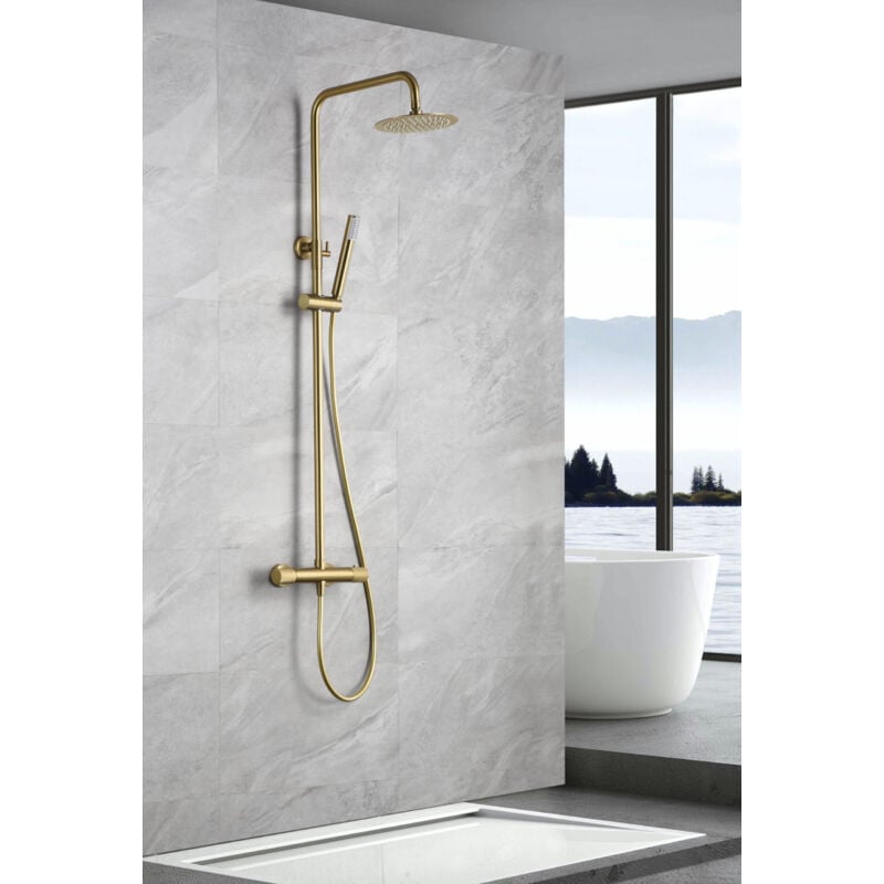 foto del prodotto set asta doccia termostatica allungabile colonna doccia con doccetta, maniglia doccia, soffione oro spazzolato
